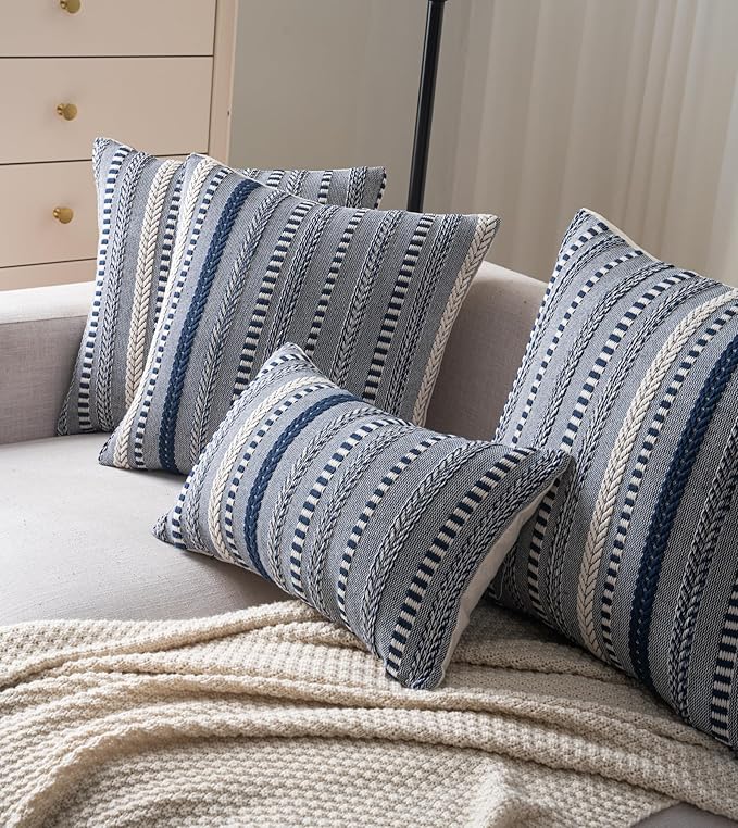 Boho Throw Pillow Covers 18x18 Inch Set of 2, Farmhouse Decorative Couch Pillow Cases, Navy Blue Accent Pillows of Bed, Sofa Bedroom Living Room Home Decor Cushion Cover