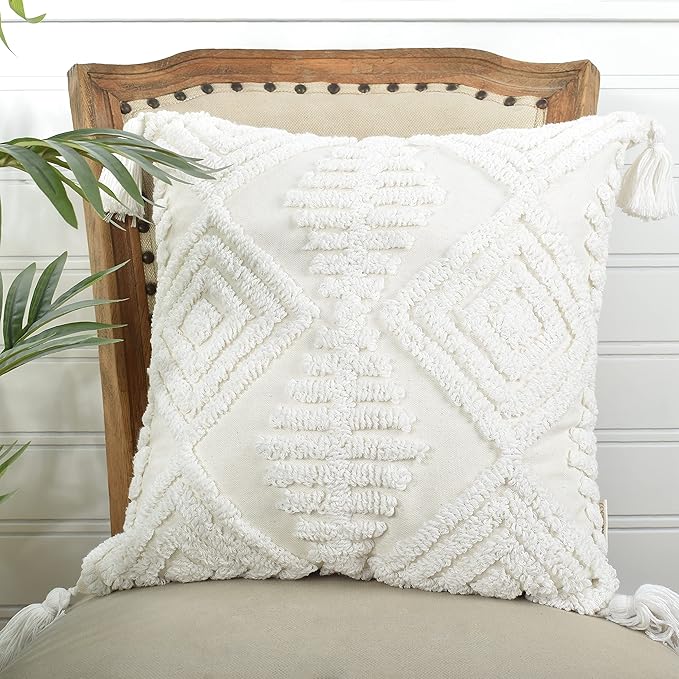 Boho Sofa Throw Pillow Covers – Exquisitely Crafted with Hand-Finished Tuft with Thick Cotton Tassel Details – Soft & Stylish Moroccan Decorative, 18x18inch (Spring Ruched)
