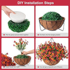 Artificial Silk Flowers Hanging Baskets for Outdoors Indoors, Daisy with Eucalyptus Leaves Arrangement for Garden Yard Decor, Faux Green Plant in Metal Coconut Lining Flowerpot(Orange Brown)