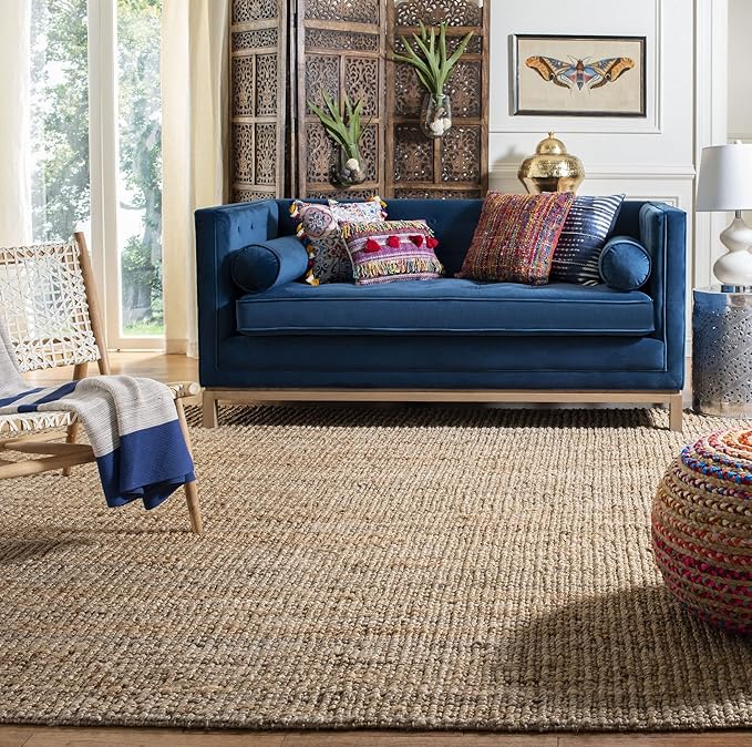 SAFAVIEH Area Rug 6' Square - Natural Fiber Collection - Natural Brown, Handmade Jute, Farmhouse Style, Chunky Textured Thick Pile (NF447A)