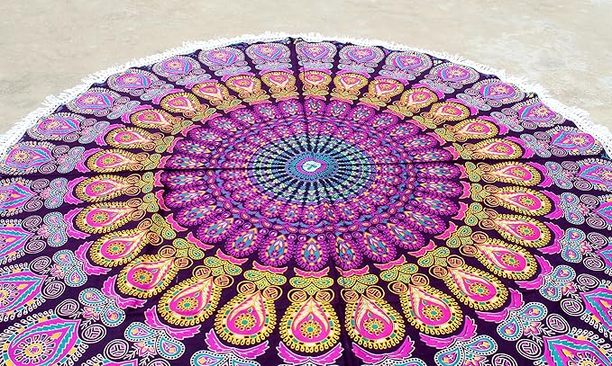 Round Beach Tapestry Turquoise Mandala Throw/Boho Hippie Beach Blanket Roundie/Indian Cotton Bohemian Large Round Table Cloth-Home Decor/Yoga Mat Meditation Picnic Rug (42", Pink And Yellow)