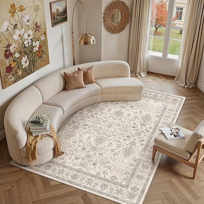 9x12 Area Rug Beige Washable Vintage Carpet Living Room Bedroom Large Non Slip Stain Soft Resistant Low Pile Thin Boho Accent Indoor Throw Rug for Dining Room Office