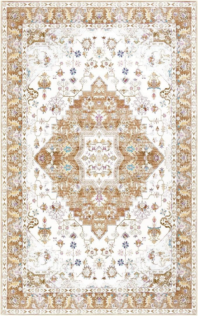 Amearea Vintage Design Area Rugs for Living Room, 4x6 Machine Washable Floral Collection Traditional Bedroom Rug, Low Pile Cute Kids Room Print Carpet, No Slip Office Kitchen Home Decor, Gold Yellow
