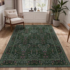 GENIMO 5x7 Area Rug for Living Room, Washable Vintage Floral Low-Pile Non-Slip Carpet for Bedroom Dining Room, Stain Resistant Botanical Accent Rug (Dark Green)