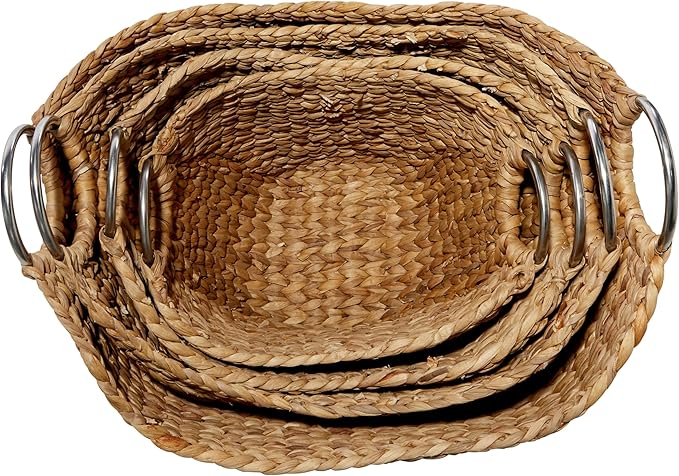 Deco 79 Seagrass Handmade Decorative and Functional Storage Basket Woven Curved Basket Organizer with Silver Metal Handles, Set of 4 Basket for Storage 14", 16", 19", 21"W, Brown