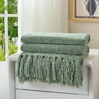 Chenille Throw Blanket for Couch with Tassels,50"X60" Soft Cozy Lightweight Knitted Boho Decorative Blankets for Bed and Sofa,Light Green