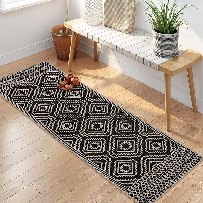 Lahome Bijou Moroccan Easy Jute Runner Rug, 2x8 Washable Hallway Kitchen Runner Black Outdoor Rug with Rubber Backing, Farmhouse Indoor Outdoor Carpet for Hallway 8ft Entryway Porch