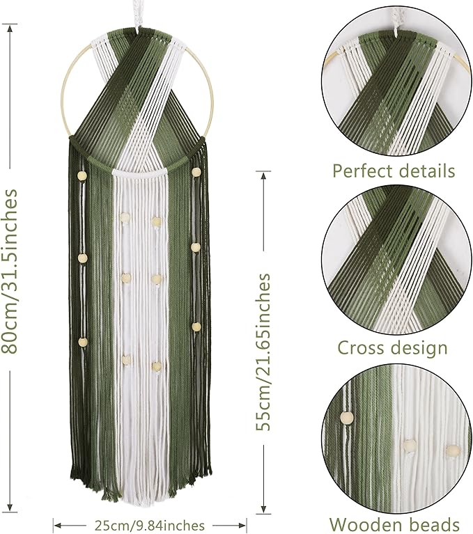 EOBTAIN Green Macrame Wall Hanging - Boho Large Dream Catchers - Round Handmade Macrame Wall Decor - Cotton Rope Tassel Woven Tapestry Art for Bedroom Living Room Apartment Home - 9.8" W x 31.5" L