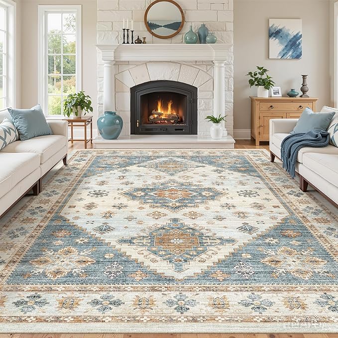 Washable Rugs 8x10, Ultra-Thin Non-Slip 8x10 Area Rugs for Living Room, Soft Vintage Large Area Rug, Foldable Farmhouse Bedroom, Dining Room Rug (Blue/Beige, 8'x10')