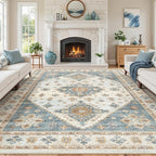 Washable Rugs 8x10, Ultra-Thin Non-Slip 8x10 Area Rugs for Living Room, Soft Vintage Large Area Rug, Foldable Farmhouse Bedroom, Dining Room Rug (Blue/Beige, 8'x10')