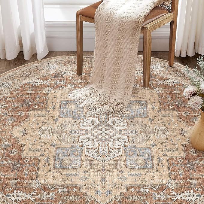 Round Washable Area Rug 8ft, Boho Vintage Distressed Oriental Medallion, Neutral Blue, Thin Carpet for Living Room Bedroom Home Office Decor