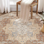Round Washable Area Rug 8ft, Boho Vintage Distressed Oriental Medallion, Neutral Blue, Thin Carpet for Living Room Bedroom Home Office Decor