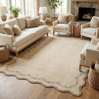 GarveeHome 5x7 Scalloped Area Rug Tan Jute Washable Rugs for Living Room Bedroom, Soft Low Pile Non Slip Accent Floor Mat Solid Floral Print Throw Rug Farmhouse Indoor Carpet for Dorm Playroom