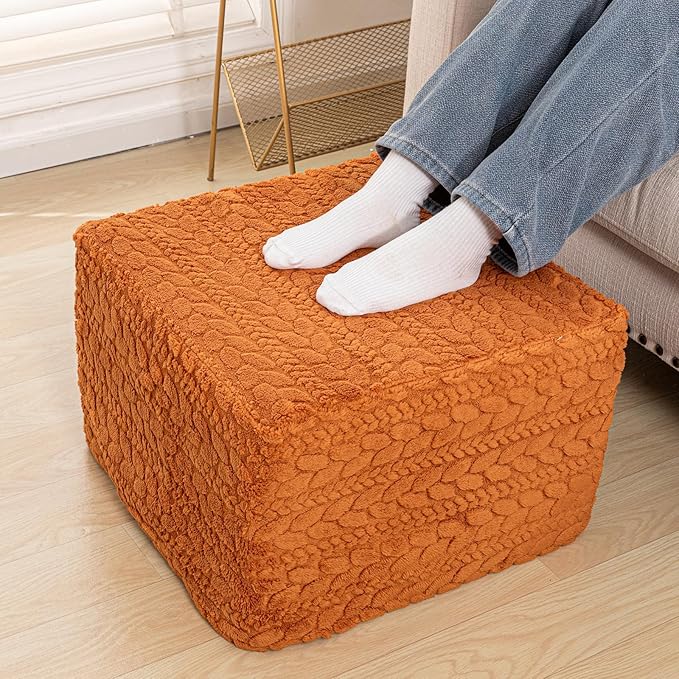20x20x14 Inches Fluffy Square Pouf Ottoman - Plush Furry Boneless Ottoman Foot Rest Stool with High-Density Foam, Versatile Floor Seating for Living Room (Burnt Orange)