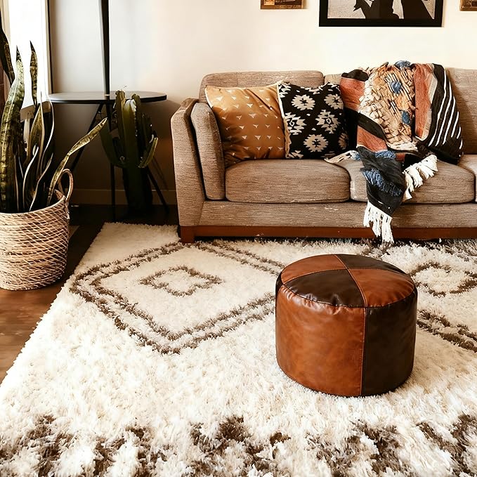 Thgonwid Unstuffed Faux Leather Pouf Cover, Handmade Footstool Ottoman Storage Solution, Floor Footrest Cushion - 16.5”Dx12”H, Brown & Coffee