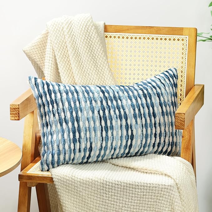 Boho Chenille Striped Pillow Cover 12x20 Inch, Decorative Lumbar Pillow Cover for Couch Bed Sofa Living Room Bedroom Farmhouse Modern Home Decor Accent Pillowcases Set of 2, Blue White