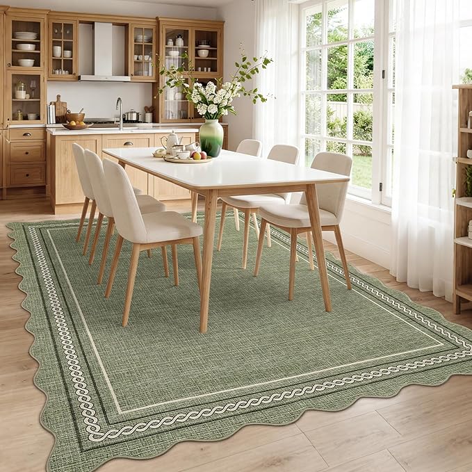 GarveeHome Scalloped Large Area Rug 10x14 Rug for Living Room Non Slip Machine Washable Bedroom Rug Solid Beige Neutral Rugs Soft Low Pile Stain Resistant Carpet for Dining Room Classroom, Green