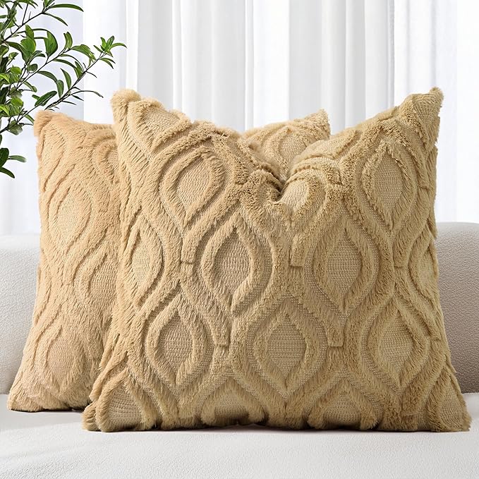 decorUhome Cozy Textured Euro Sham Throw Pillow Covers 22x22 Inch Set of 2, Soft Plush Faux Wool Light Brown Accent Couch Pillow Covers for Modern Farmhouse Sofa Bed Living Room