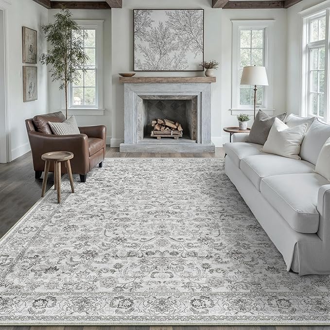 HUGEAR Grey Area Rug 6x9 Machine Washable Living Room Rugs Distressed Neutral Vintage Floral Low Pile Carpet Bedroom Office Dining Room Laundry Room Non Slip Soft Lightweight