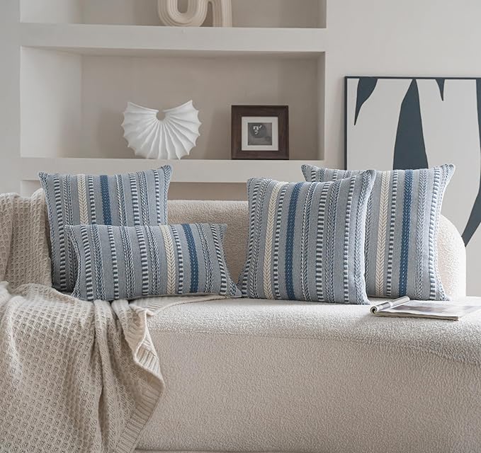 Boho Throw Pillow Covers 18x18 Inch Set of 2, Farmhouse Decorative Couch Pillow Cases, Blue Accent Pillows of Bed, Sofa Bedroom Living Room Home Decor Cushion Cover