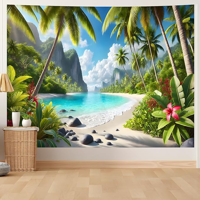 AOHMPT Ocean Sunset Tapestry, Beach Evening Sunset Tapestry, Natural Beach Palm Tree Landscape Poster, Seaside Landscape Wall Hanging for Bedroom, Dorm Room and Living Room Wall Decor 79" L x 59" W