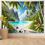 AOHMPT Ocean Sunset Tapestry, Beach Evening Sunset Tapestry, Natural Beach Palm Tree Landscape Poster, Seaside Landscape Wall Hanging for Bedroom, Dorm Room and Living Room Wall Decor 79" L x 59" W