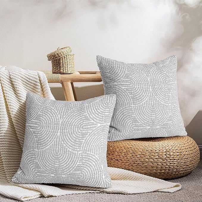AELS Boho Decorative Textured Throw Pillow Covers 18x18, Modern Mid Century Rainbow Tufted Pillow Case, Farmhouse Rustic Geometric Woven Cushion Case for Bed Couch Sofa, Light Gray