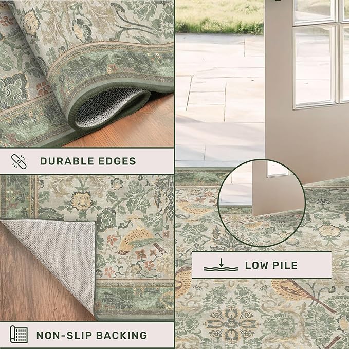 Washable Sage Green 6ft Area Round Rug for Living Room - Vintage Circular Rug for Kids Bedroom, Dining Room, Office with Botanical Floral Bird Pattern, Low Pile Non Slip Stain Resistant