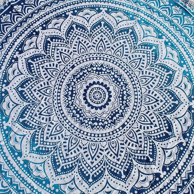 Round Beach Tapestry Turquoise Mandala Throw/Boho Hippie Beach Blanket Roundie/Indian Cotton Bohemian Large Round Table Cloth-Home Decor/Yoga Mat Meditation Picnic Rug (42", Blue and White)