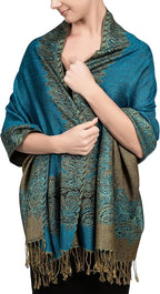 Achillea Reversible Paisley Pashmina Rave Scarf – Exotic Indian Shawls and Wraps for Evening Dresses, Festivals, All Seasons