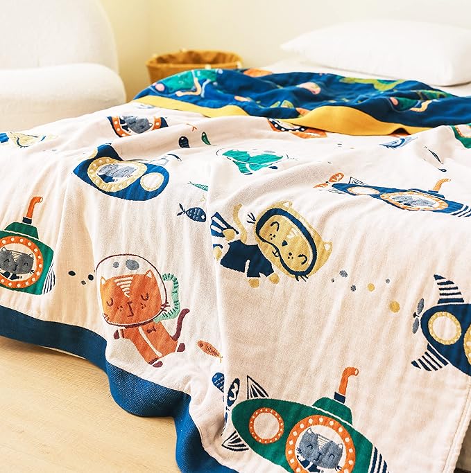 Scientific Sleep Underwater Scuba Cat Kitty Diver Submarine Fish Sea 100% Cotton Muslin Blanket Throw Cover for Kids Child Bed Couch Sofa Modern Fun Bedding Bedspread Coverlet Twin 60 in x 80 in