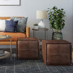 SIMPLIHOME Brody Square Pouf - 18 inch Wide Upholstered Vegan Leather Ottoman in Distressed Dark Brown, Boho Footstool, Coffee Table or Extra Seating for Living Room or Bedroom, Assembled