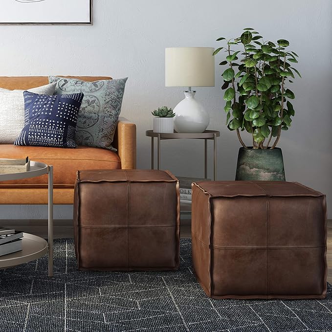 SIMPLIHOME Brody Square Pouf - 18 inch Wide Upholstered Vegan Leather Ottoman in Distressed Dark Brown, Boho Footstool, Coffee Table or Extra Seating for Living Room or Bedroom, Assembled
