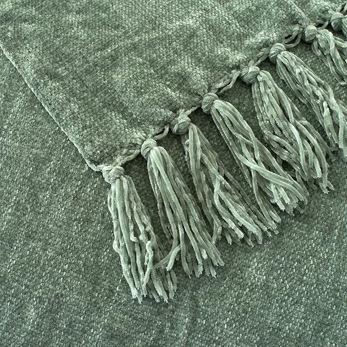 Chenille Throw Blanket for Couch with Tassels,60"X80" Soft Cozy Lightweight Knitted Boho Decorative Blankets for Bed and Sofa,Light Green