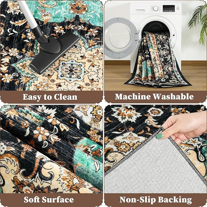 Amearea Vintage Design Black Area Rugs for Living Room, 4x6 Machine Washable Floral Collection Traditional Bedroom Rug, Low Pile Kids Room Carpet, No Slip Office Kitchen Home Decor, Black and Green