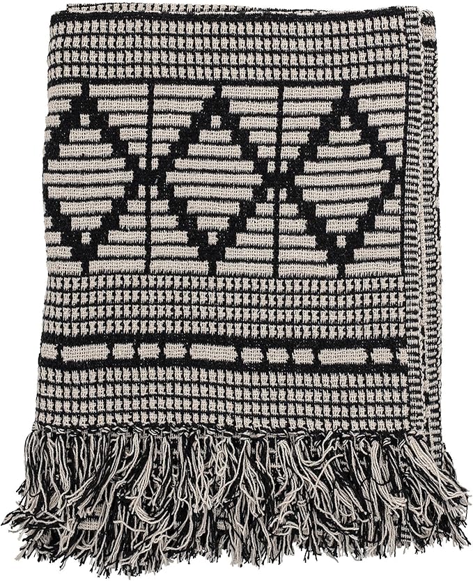 Bloomingville Soft Reclaimed Cotton Blend Throw with Diamond Pattern and Fringe, Black and Beige