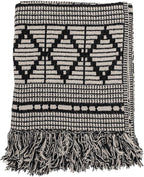 Bloomingville Soft Reclaimed Cotton Blend Throw with Diamond Pattern and Fringe, Black and Beige