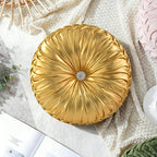 HIG Set of 2 Handcrafted Gold Ruched Round Throw Pillows – 14.5’’ Metallic Leather Decorative Pillows with Soft Polyester Filling for Couch, Bed, Living Room, Bedroom, or Dorm