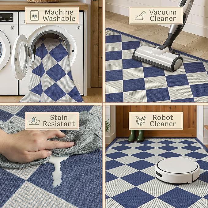 Checkered Easy Jute 3x5 Navy Blue Indoor Outdoor Rugs for Entryway, Washable Non Slip Diamond Boho Coastal Rug for Porch, Modern Minimalist Front Door Mat, Kitchen, Bathroom and Balcony Carpet