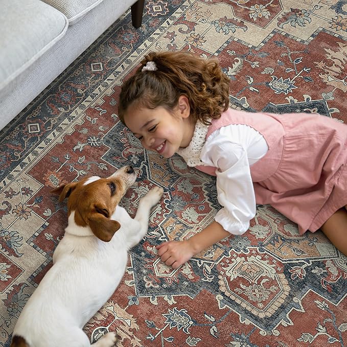 GENIMO 5x7 Area Rugs for Living Room, Machine Washable Non Slip Vintage Rugs, Low Pile Lightweight Chenille Print Rug for Bedroom, Dining Room, Home Office,Bordeaux