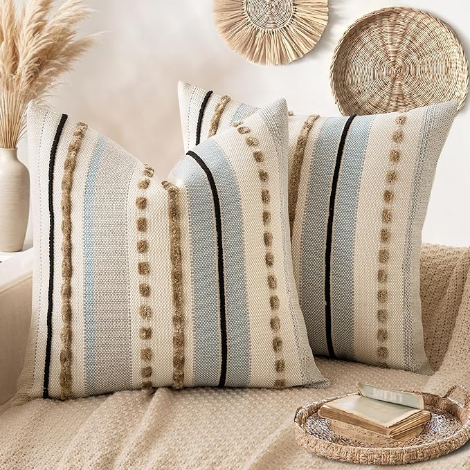 ANRODUO Pack of 2 Boho Decorative Throw Pillow Covers 22x22 Farmhouse Cushion Case Striped Chenille Pillow Cases Square Pillow Covers Accent Neutral Pillowcase for Sofa Couch Bed, Light Blue Stripe