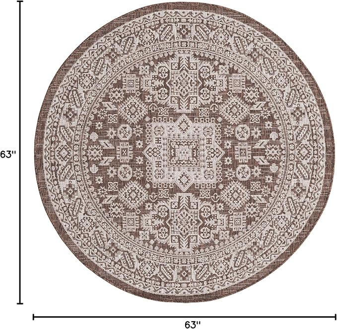 Rugs.com Outdoor Aztec Collection Rug – 5 Ft Round Brown Flatweave Rug Perfect for Kitchens, Dining Rooms