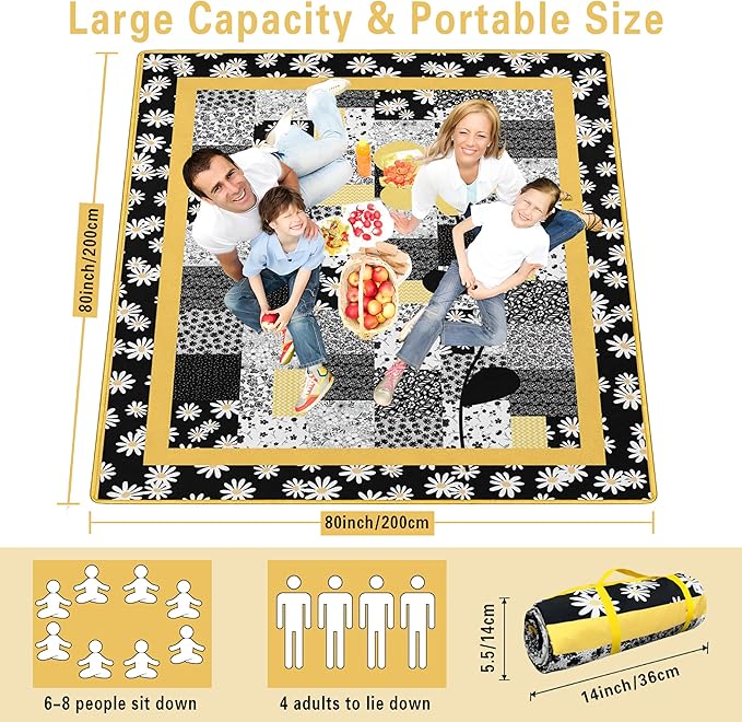Extra Large Picnic Blankets Waterproof Foldable (80 "x 80") Beach Blanket Waterproof Sandproof,3-Layer Thicking Mat Outdoor Packable Camping Blanket