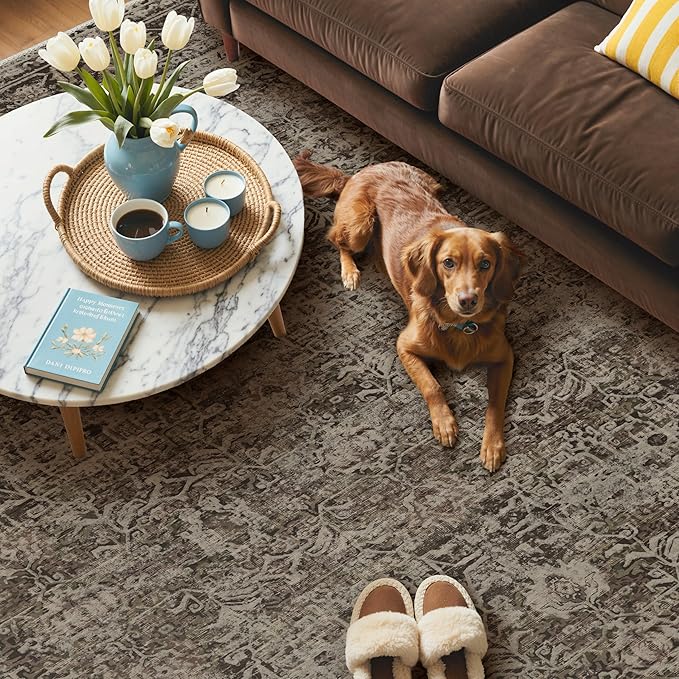 GENIMO 9x12 Area Rug Machine Washable Boho Rug for Living Room,Ultra-Thin Low Pile Carpet,Lightweight Indoor Printed Rug,Non Slip Floral Area Rug for Bedroom, Dining Room, Home Office,Brownish Green