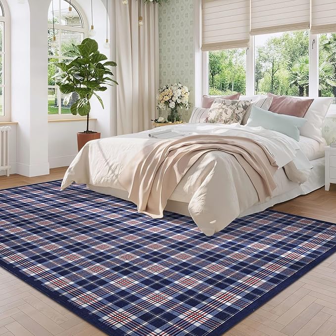 GarveeHome Machine Washable Area Rugs 8x10, Checkered Stain Resistant Non Slip Backing Low-Pile Rug Indoor Outdoor Carpet for Living Room Office Bedroom Dining Room Nursery Blue