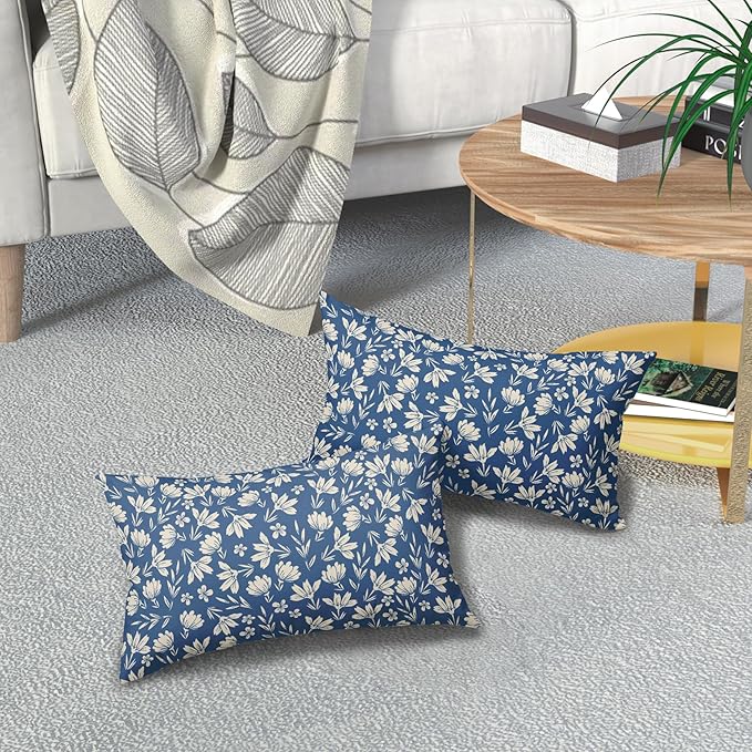 Blue Pillow Covers 12x20 Set of 2 Vintage Floral Rustic Old Style Cute Flower Print Rectangle Decorative Outdoor Pillowcases Seasonal Farmhouse Throw Cushion Case Couch Sofa Bed Decor