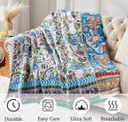 Boho Blanket Soft Muslin BohoThrow Blanket, 100% Cotton Floral Printed Farmhouse Decor All Season Reversible Rustic Throw for Sofa Couch Chair (White, 90"x98")