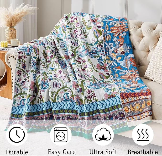 Boho Blanket Soft Muslin BohoThrow Blanket, 100% Cotton Floral Printed Farmhouse Decor All Season Reversible Rustic Throw for Sofa Couch Chair (White, 90"x98")