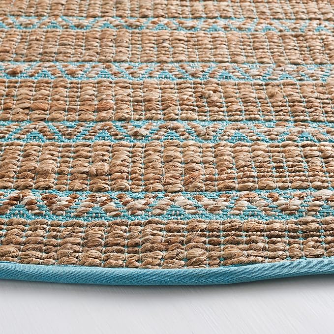 SAFAVIEH Natural Fiber Collection 7' Round Teal/Natural NFB655K Handmade Flat Weave Stripe Jute & Cotton Jute Area Rug