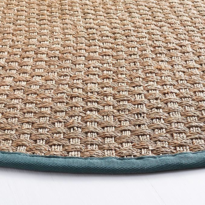 SAFAVIEH Area Rug 8' Round - Natural Fiber Collection - Natural & Light Blue, Seagrass, Basketweave Pattern with Border (NF114M)